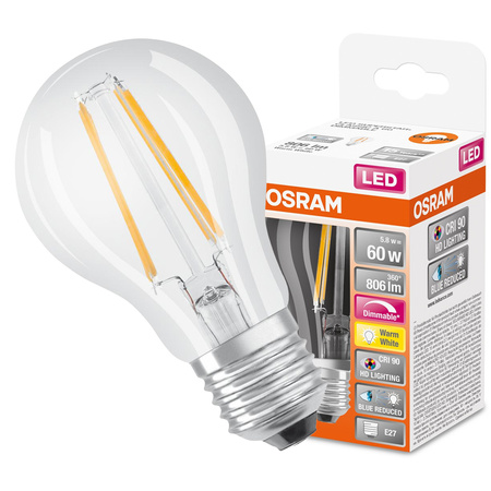 LED-Lampe E27 A60 5.8W = 60W 806lm 2700K Warm 300° CRI90 Glühfaden Dimmbar OSRAM SUPER STAR+