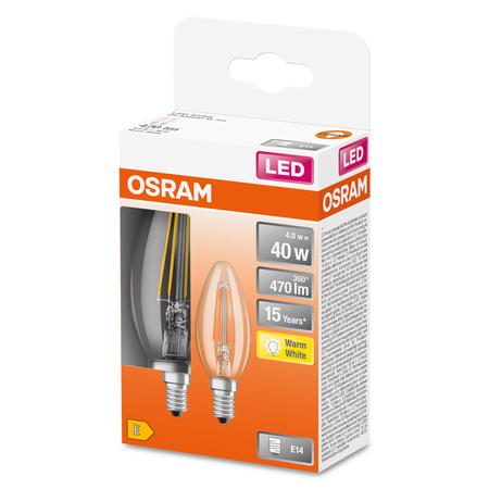 2x LED Birne B35 Kerze E14 4W = 40W 470lm 2700K Warm 300° Retrofit Glühfaden CLASSIC Osram