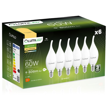 6x LED Lampen E14, Glühbirne BA35, 8W = 60W, 806lm, 180°, 3000K, warm LUMILED