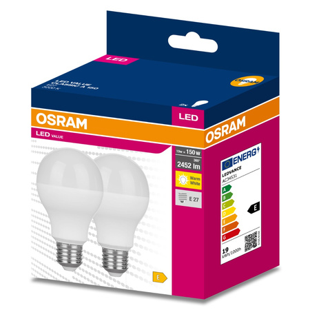 2x LED Lampen E27 A60 19W = 150W 2452lm 3000K Wärme 200° OSRAM VALUE