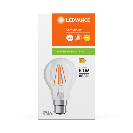 LED Lampen A60 B22d 6.5W = 60W 806lm 2700K Warmweiß FILAMENT LEDVANCE