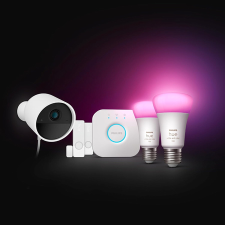 Secure Camera WCA E27 Set + 2x Kontaktsensor + 2x weiße und farbige Ambiance E27 Philips Hue Glühbirnen