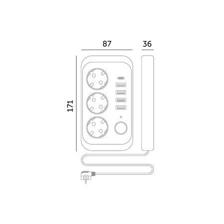 KOBI LINEA PRO Verlängerungskabel 3x230V 1,5m Masse, Schalter und 5xUSB Schwarz