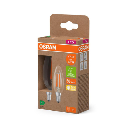 2x LED-Lampe B35 Kerze E14 2.2W = 40W 470lm 2700K Warm 320° 214lm/W CLASSIC ENERGY EFFICIENCY Osram
