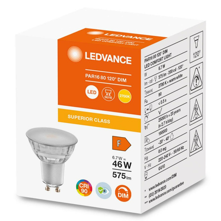 GU10 LED Leuchtmittel 6,7W = 48W 575lm 2700K Warm 120° CRI90 Dimmbares Glas LEDVANCE Superior