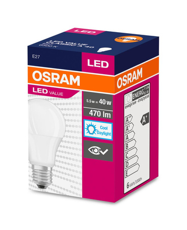 E27 A60 LED Leuchtmittel 5,5 W = 40 W, 470 lm, 6500 K kalt, 240 °, OSRAM Value