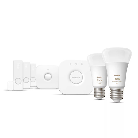 2x LED Lampen 3x E27 A60 9W CCT RGB + Hue Bridge + Bewegungssensor + Kontaktsensor Set Sicherer Sensor PHILIPS HUE Bluetooth Zigbee