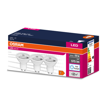 3PAK LED-Glühbirne GU10 6.9W = 50W 575lm 6500K Cold 120° OSRAM Value