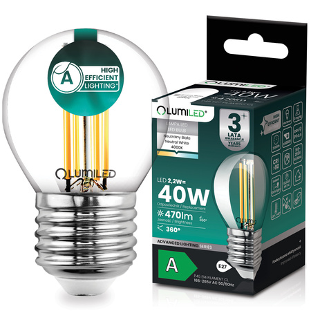LED-Lampe E27 Kugel P45 2,2W 470lm = 40W 4000K neutralweiß 360° Filament Energieklasse A LUMILED