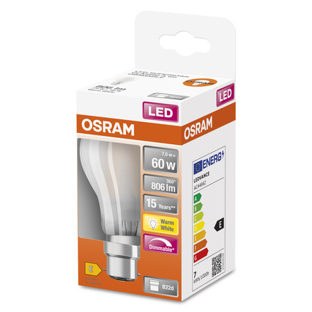 LED-Lampe A60 B22d 7W = 60W 806lm 2700K Warm 300° Dimmbar Retrofit Glühfaden CLASSIC Osram