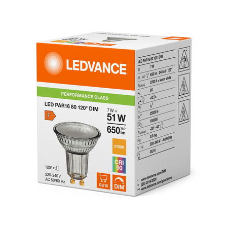 LED-Reflektor-Lampe GU10 PAR16 7W = 51W 650lm 2700K Warm 120° CRI90 Dimmbar Ledvance