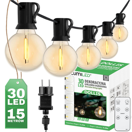 30x LED Außen-Lichterkette, Garten Lichterkette 15.2m 3000K+fernbedienung DOLLIS LUMILED