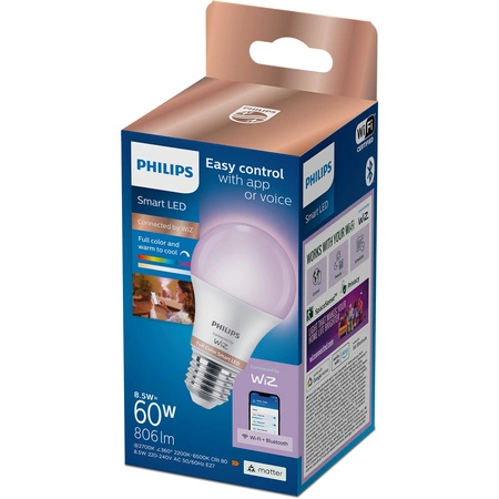 LED-Lampe E27 A60 8,5W = 60W 806lm 2200-6500K RGB + TW Smart SMART WiFi Bluetooth App WiZ Philips
