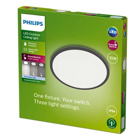 Garten LED Deckenleuchten für den Außenbereich SUPERSLIM CL550 15W 4000K IP44 Runde Deckenleuchte Schwarz und Weiß PHILIPS