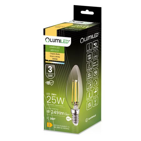 LED Lampen E14 B35 2W = 25W 249lm 3000K Warm 360° Glühfaden LUMILED