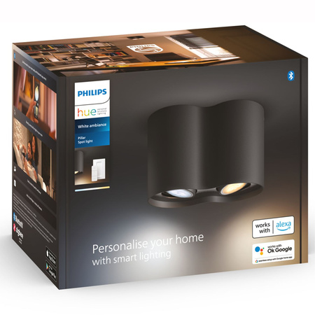 LED Spot Pillar Schwarz 2x4.2W CCT PHILIPS HUE Bluetooth Zigbee Deckenleuchte + Dimmschalter
