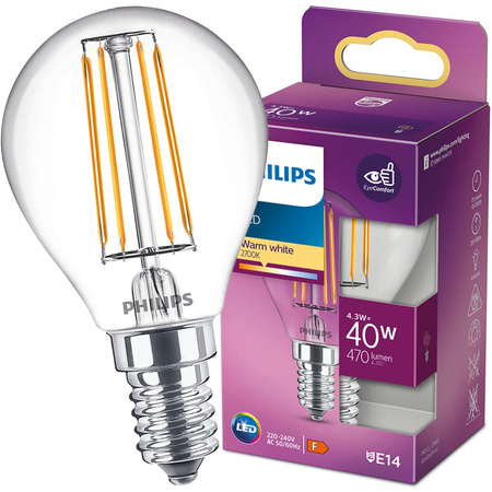 E14 P45 LED Lampen 4,3 W = 40 W, 470 lm, 2700 K, warmes Filament PHILIPS