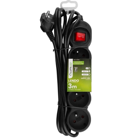Netzverlängerungskabel Geerdete Steckdosenleiste 4 Steckdosen 3m ON/OFF Schalter Schwarz Lendo Lumiled Cord