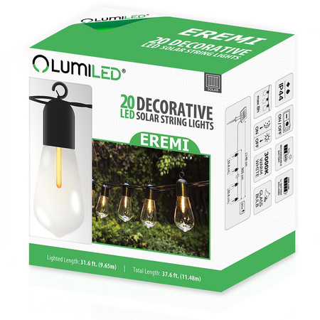 20x LED Solar Lichterkette, Außen Garten Lichterkette 11.48m+EDISON LED Lampen ST58 3000K warm EREMI LUMILED