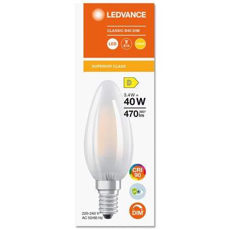 E14 B40 LED Lampen 3,4W = 40W 470lm 2700K Warm 300° DIM Filament LEDVANCE