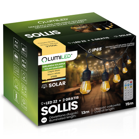 Solar-Garten-Lichterkette 22x LED Dekorative Glühbirnen 15m + Fernbedienung IP65 2700K Warm SOLLIS LUMILED