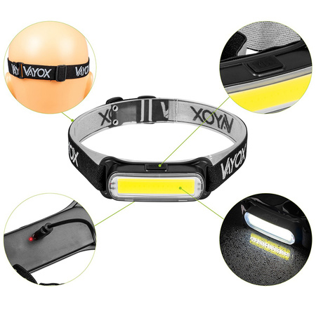 Wiederaufladbare Stirnlampe 300lm COB LED 4 Modi VAYOX