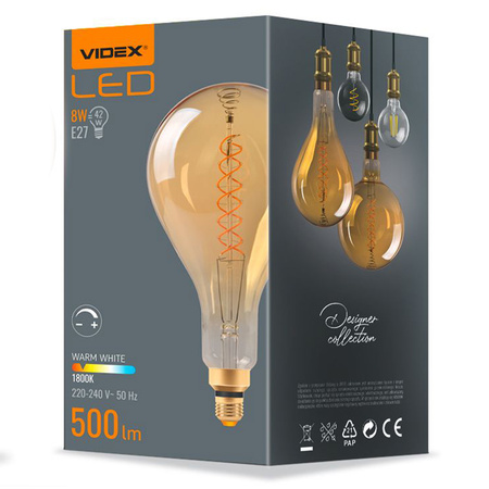LED Lampen E27 PS160 Pear 8W = 42W 500lm 1800K Warm 360° FILAMENT Amber Dimmbar Videx