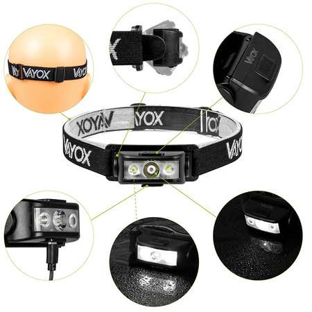 Wiederaufladbare Kopftaschenlampe 100lm 100LM LED + 2XLED 5 Modi VAYOX