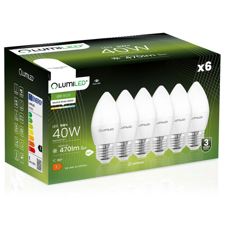 6x LED Lampen E27, Glühbirne B35 5W = 40W 470lm 180° 4000K neutral LUMILED