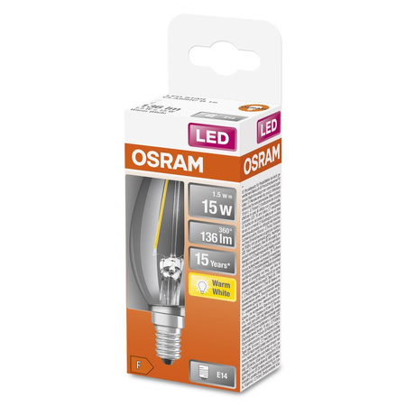 LED Leuchtmittel E14 B35 CL 1,5W = 15W 136lm 2700K Warm 300° OSRAM STAR Filament