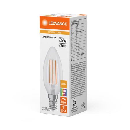 LED Lampen B35 E14 4.2W = 40W 470lm 2700K Warmweiß FILAMENT DIMMABLE LEDVANCE