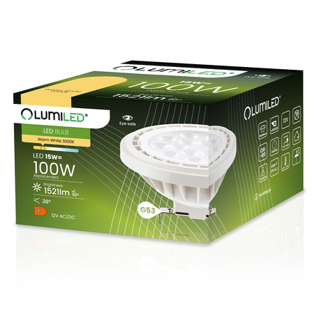 LED Lampen G53, Glühbirne AR111 12V 15W = 100W 1521lm 38° 3000K warm LUMILED