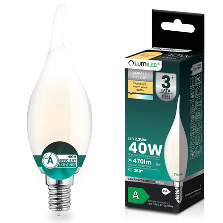 LED-Lampe E14 Kerze BA35 2,2W 470lm = 40W 2700K warmweiß 360° Filament Energieklasse A LUMILED