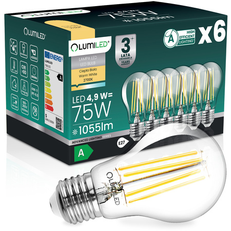 6x LED-Lampe E27 A60 4,9W 1055lm = 75W 2700K warmweiß 360° Filament Energieklasse A LUMILED