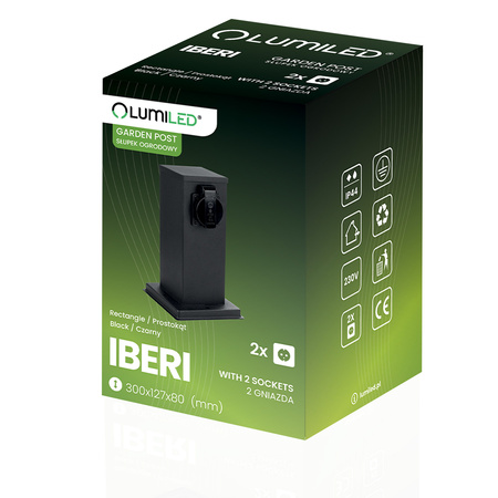 Gartenleuchte mit 2x Steckdose, Außenstehleuchte Pollerleuchte 230V 30cm Schwarz IBERI LUMILED