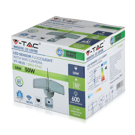 LED Fluter 18W 600lm 6000K IP20 Weiß mit Bewegungssensor und WiFi-Kamera VT-4818W V-TAC