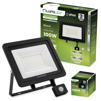 ZUME LED Fluter mit Bewegungsmelder, 100 W, 11000 lm, 4000 K, IP65, Schwarz, Advanced Lighting-Serie LUMILED