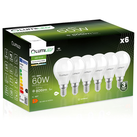 6x LED Lampen E14, Glühbirne P40 8W = 60W 806lm 180° 4000K neutral LUMILED