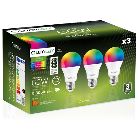 3x LED-Glühbirne E27 A60 9W = 60W 806lm 6500K + RGB Multicolour 260° Dimmbar Pilot LUMILED