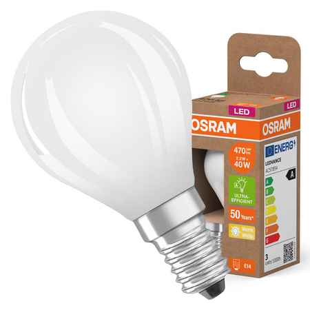 LED-Lampe P45 Ball E14 2.2W = 40W 470lm 2700K Warm 330° 214lm/W CLASSIC ENERGY EFFICIENCY Osram