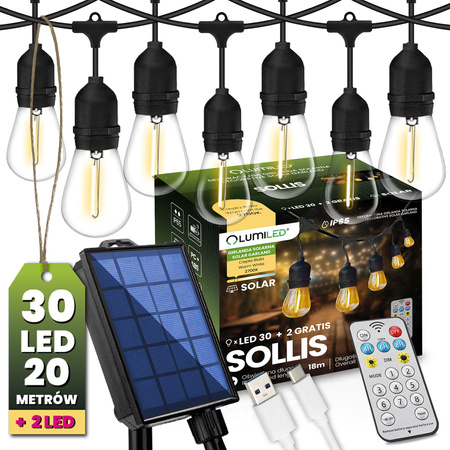 Solar Garten Girlande 30x LED Dekorative Glühbirnen 20m + PILOT IP65 2700K Warm SOLLIS LUMILED