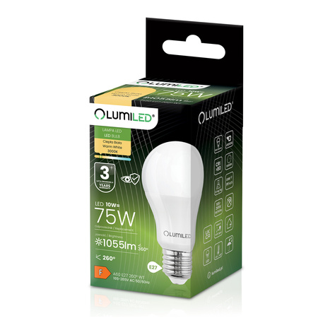 LED Lampen E27, Glühbirne A60 10W = 75W 1055lm 260° 3000K warm LUMILED