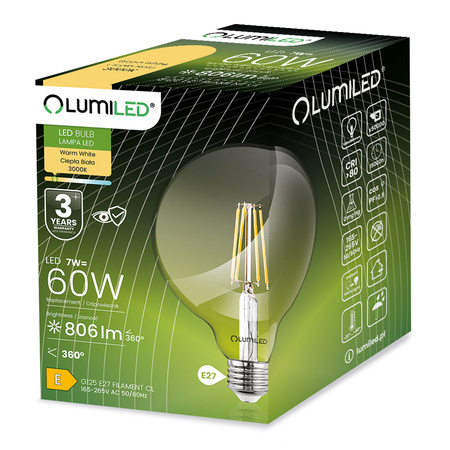 3x LED-Lampe E27 Sphere G125 7W = 60W 806lm 3000K Warm 360° FILAMENT LUMILED