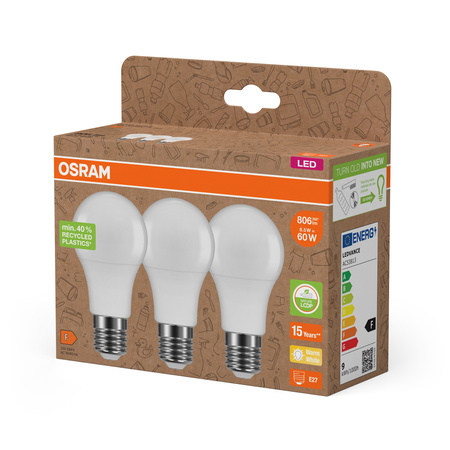 3x LED-Lampe A60 E27 8.5W = 60W 806lm 2700K Warm 200° PCR LAMPS Osram