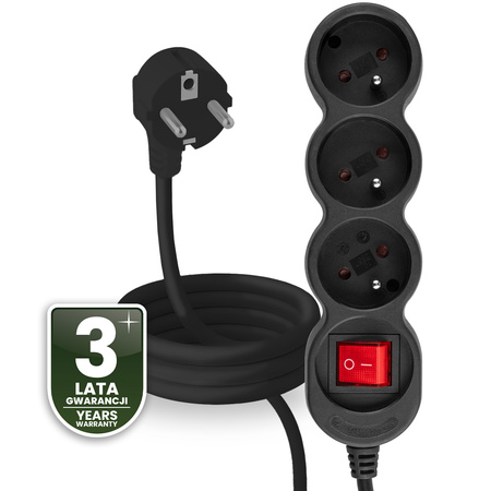 Netzverlängerungskabel Geerdete Steckdosenleiste 3 Steckdosen 1.5m ON/OFF Schalter Schwarz Kabel Lendo Lumiled