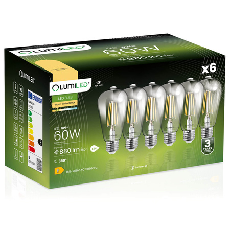 6x LED Lampen E27, Glühbirne ST64 8W = 60W 880lm 360° 3000K warm Glühfaden Edison LUMILED