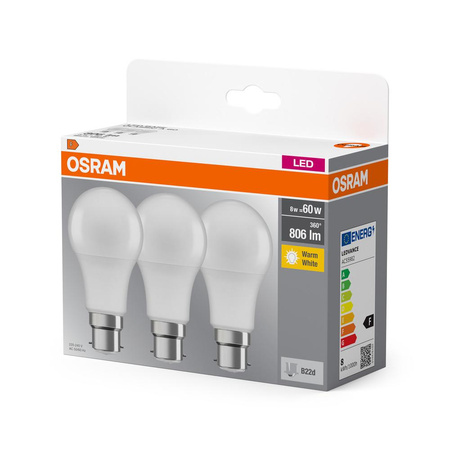 3x LED-Lampe A60 B22d 8W = 60W 806lm 2700K Warm 150° BASE Osram
