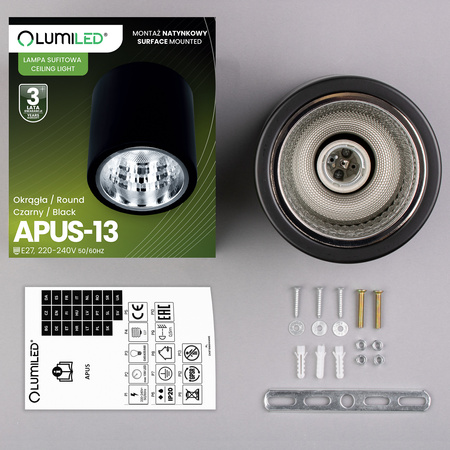 Aufbauleuchte E27, Aufbauspot Runde Tube Schwarz Fest APUS 13 LUMILED