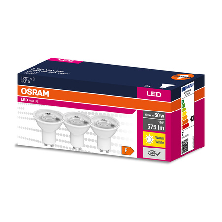 3x LED Leuchtmittel GU10 6,9W = 50W 575lm 3000K Warm 120° OSRAM Value