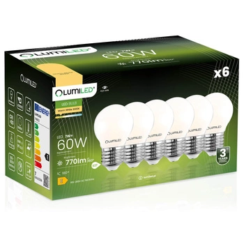 6x LED Lampen E27, Glühbirne P45, 7W = 60W, 770lm, 360°, 3000K, warm, Milch, Glühfaden LUMILED